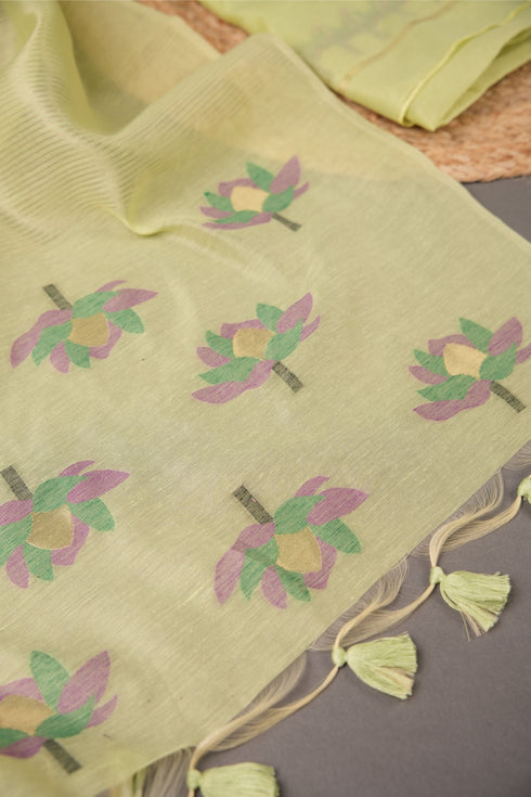 A Freakin Lotus Pista Green Jamdani Muga Silk Unstitched Suit Set